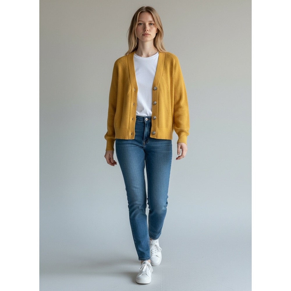 Yumi Knitwear Cardigan Wmns Size S Mustard Yellow Excellent Ribbed V-Neck Button